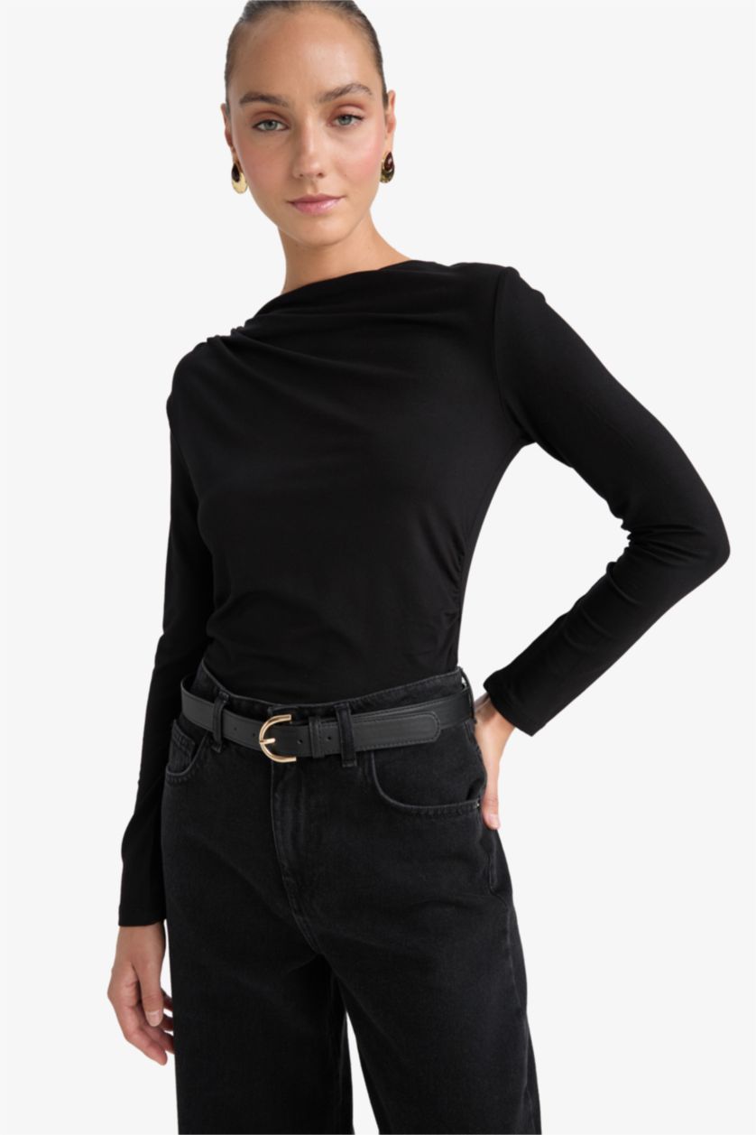 حريمي أسود Slim Fit Long Sleeve T-Shirt