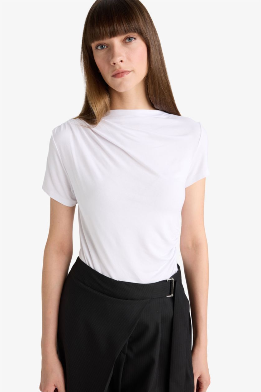 WOMAN White Slim Fit Half Turtleneck Short Sleeve Polo T-Shirt