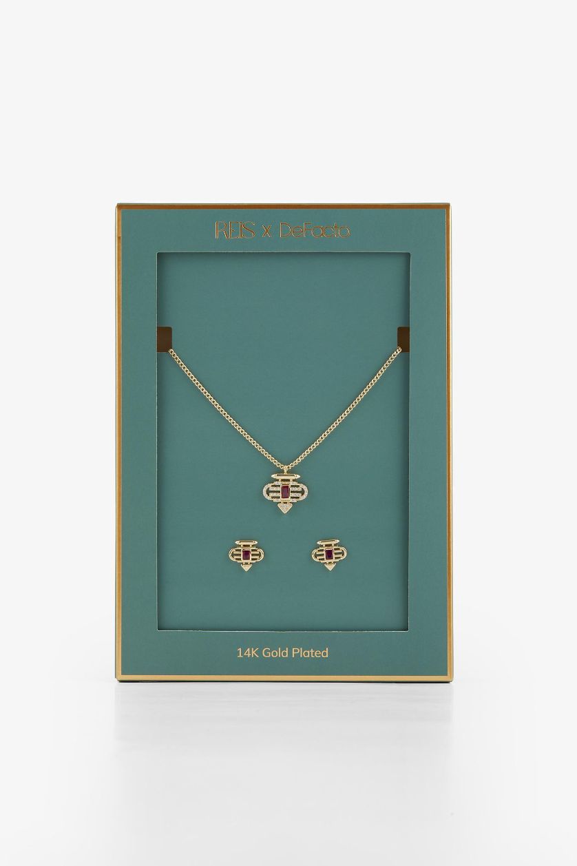 Woman Altın Reis x DeFacto Gold Plated Ruby Prego Purple Stone Gold Necklace Earring Set