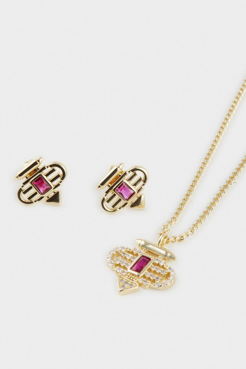 Woman Altın Reis x DeFacto Gold Plated Ruby Prego Purple Stone Gold Necklace Earring Set