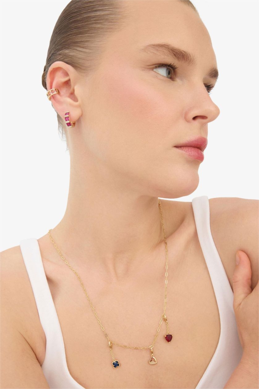 Woman Altın Reis x DeFacto Gold Plated Lover Charms Heart and Stone Gold Necklace