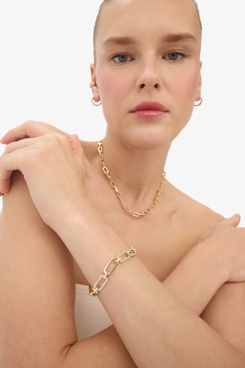 Kadın Altın Reis x DeFacto 14 Ayar Altın Kaplama Punk Bracelet Kadın Kalın Ataç Zincir Taşlı Gold Bileklik