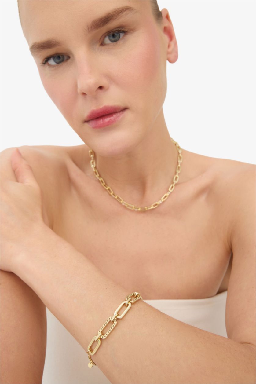 Kadın Altın Reis x DeFacto 14 Ayar Altın Kaplama Punk Bracelet Kadın Kalın Ataç Zincir Taşlı Gold Bileklik