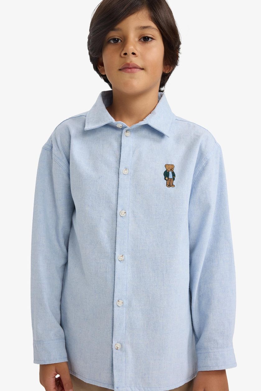 Erkek Çocuk - Genç Erkek Mavi Melanj Oversize Geniş Kalıp Ayı Nakışlı Polo Yaka Flanel Uzun Kollu Gömlek Erkek Çocuk