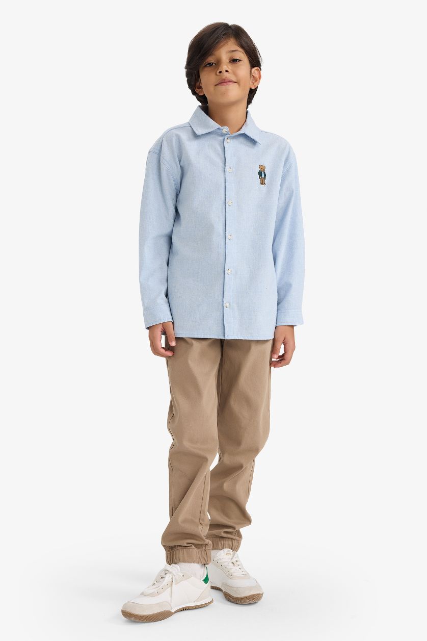 Erkek Çocuk - Genç Erkek Mavi Melanj Oversize Geniş Kalıp Ayı Nakışlı Polo Yaka Flanel Uzun Kollu Gömlek Erkek Çocuk