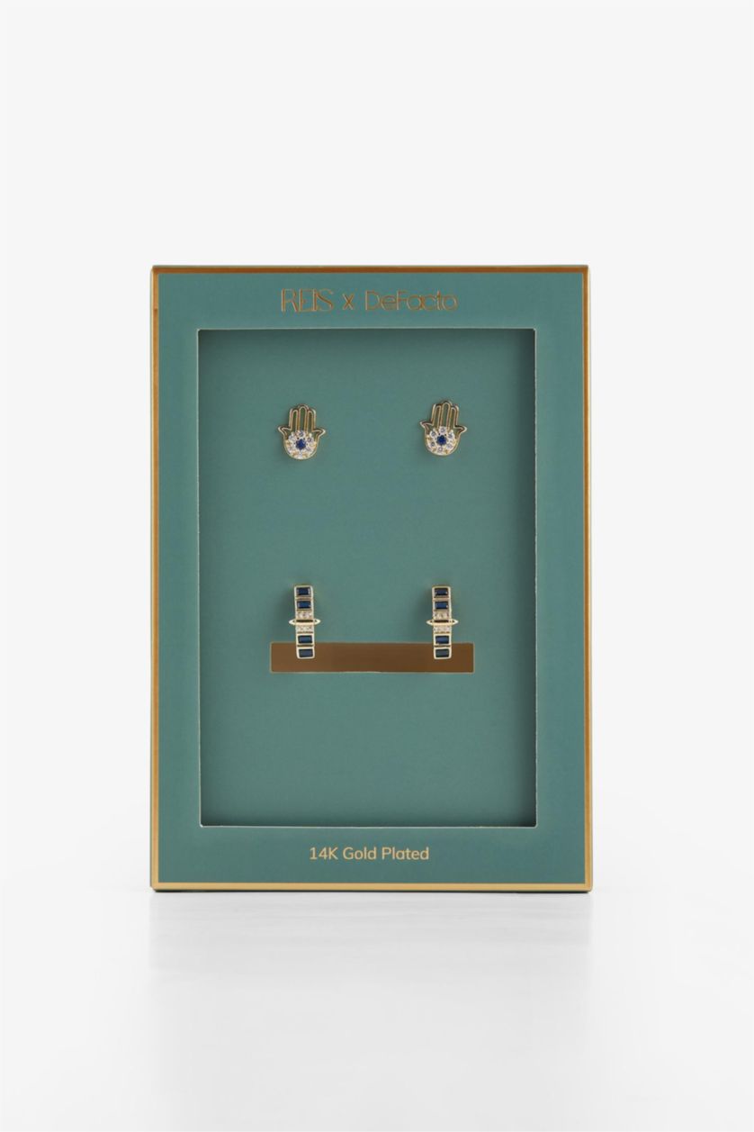 Kadın Altın Reis x DeFacto 14 Ayar Altın Kaplama Zaffiro Twin Kadın 2'li Fatma Ana Eli ve Mavi Taşlı Gold Küpe