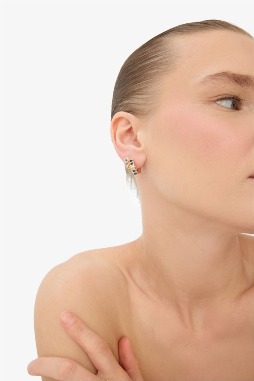 Kadın Altın Reis x DeFacto 14 Ayar Altın Kaplama Zaffiro Twin Kadın 2'li Fatma Ana Eli ve Mavi Taşlı Gold Küpe