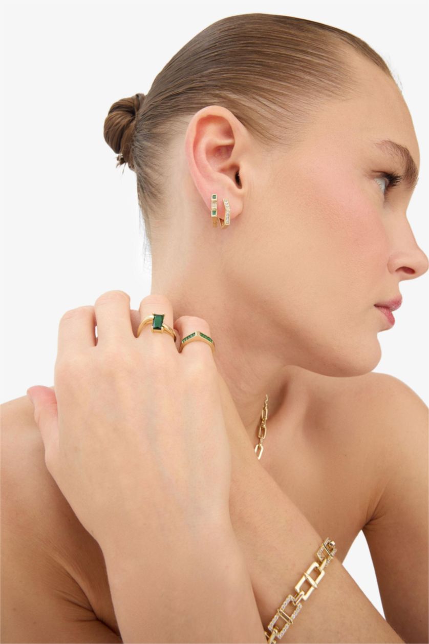 Kadın Altın Reis x DeFacto 14 Ayar Altın Kaplama Grada Twin Kadın 2'li Zümrüt Yeşili Taşlı Gold Küpe