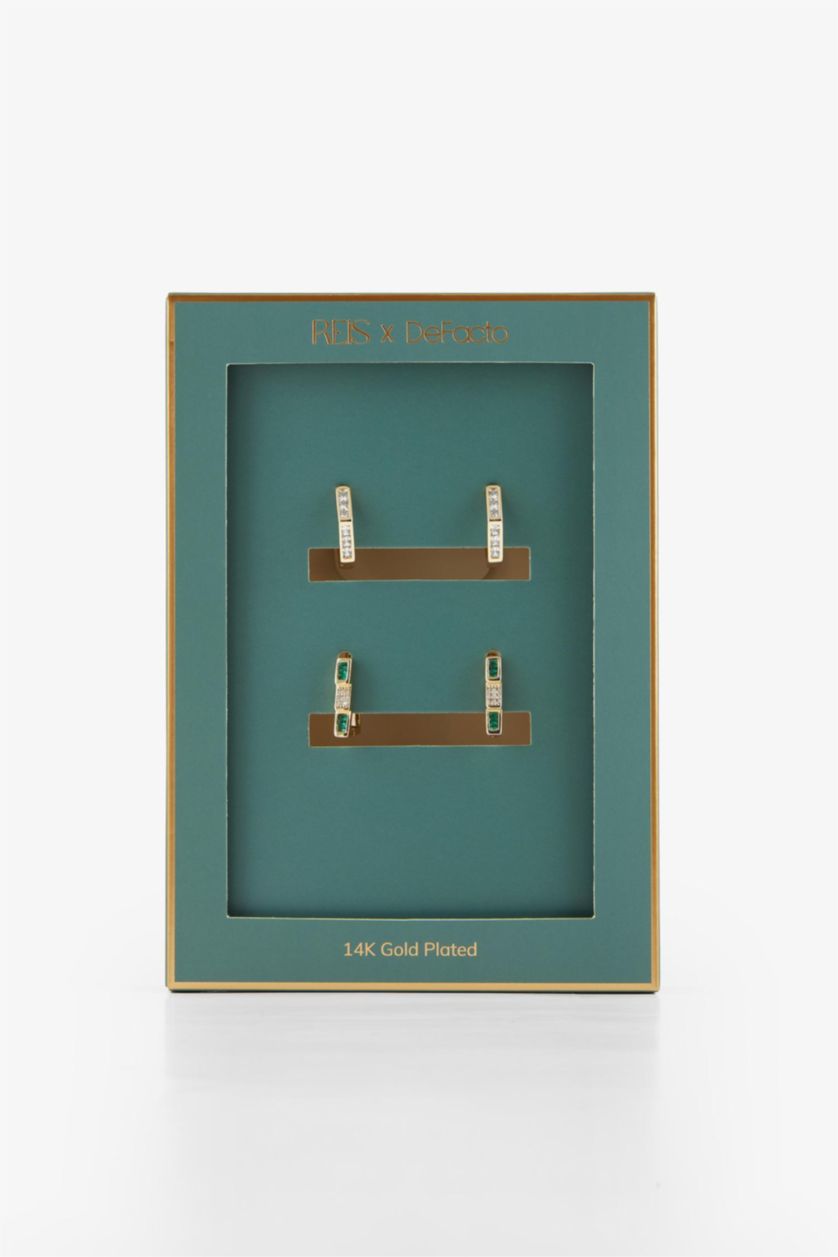 Kadın Altın Reis x DeFacto 14 Ayar Altın Kaplama Grada Twin Kadın 2'li Zümrüt Yeşili Taşlı Gold Küpe