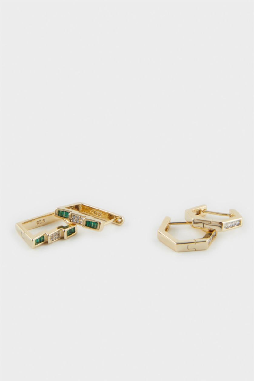 Kadın Altın Reis x DeFacto 14 Ayar Altın Kaplama Grada Twin Kadın 2'li Zümrüt Yeşili Taşlı Gold Küpe