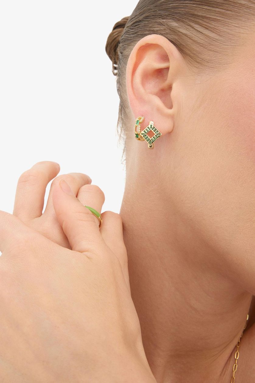 Kadın Altın Reis x DeFacto 14 Ayar Altın Kaplama Mosaic Green Kadın 2'li Zümrüt Yeşili Taşlı Gold Küpe