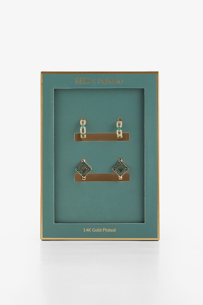 Kadın Altın Reis x DeFacto 14 Ayar Altın Kaplama Mosaic Green Kadın 2'li Zümrüt Yeşili Taşlı Gold Küpe