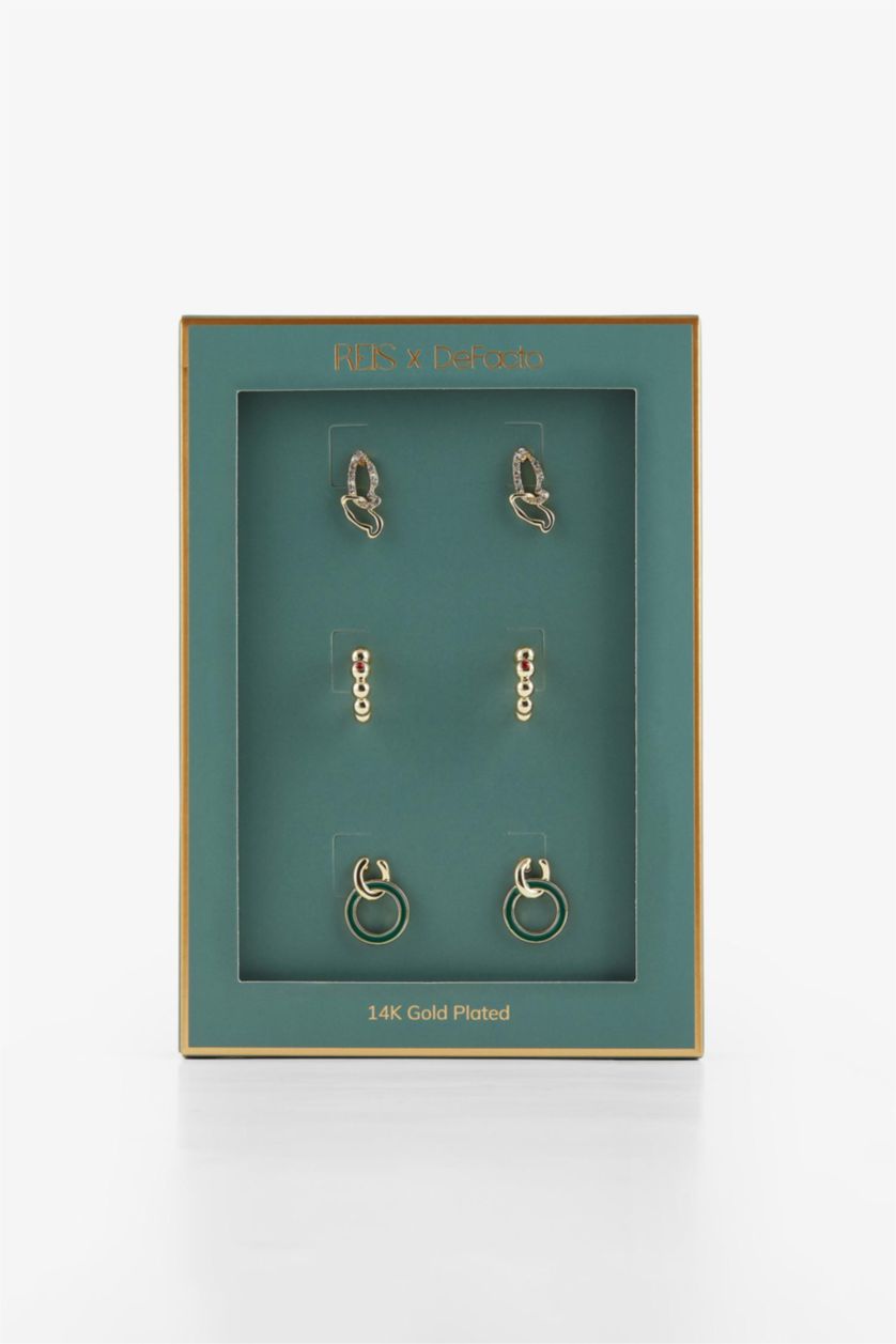 Woman Altın Reis x DeFacto 14K Gold Plated 3 Piece Gold Green Earrings