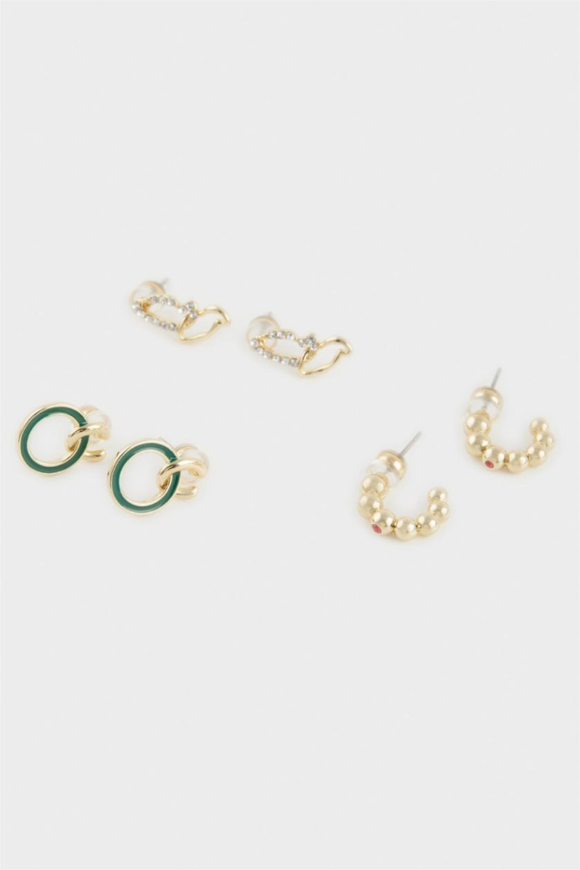 Woman Altın Reis x DeFacto 14K Gold Plated 3 Piece Gold Green Earrings