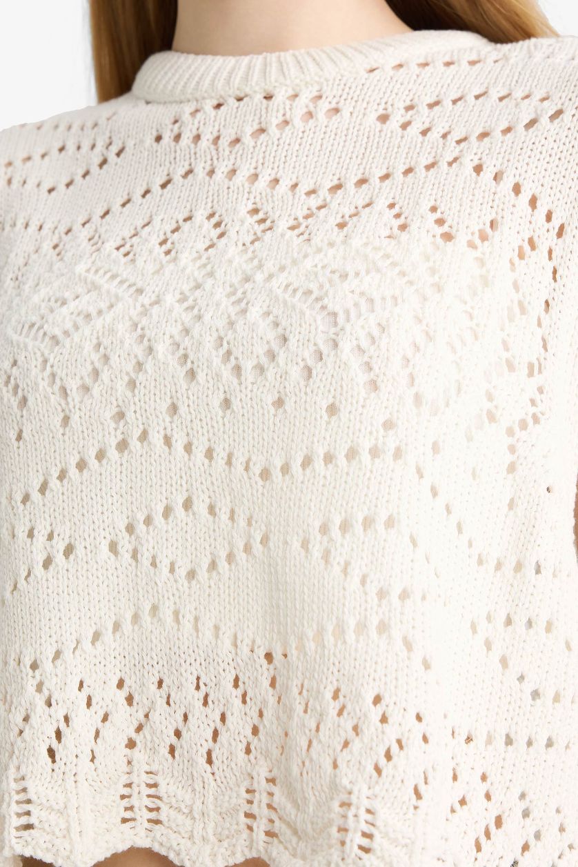 Woman White Slim Fit Crew Neck Side Tied Crochet Vest