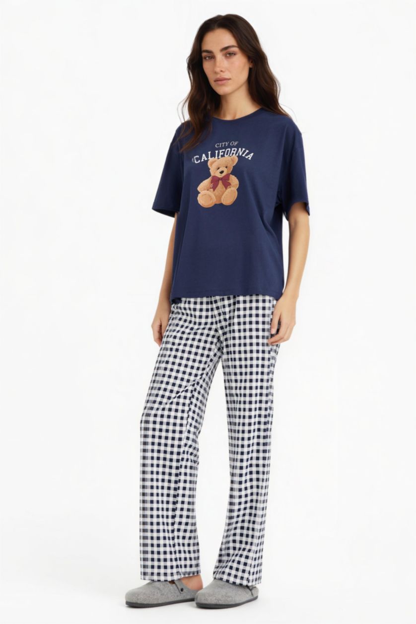 WOMAN NAVY Fall in Love Regular Fit Teddy Bear Print Top Bottoms 2 Piece Pajama Set