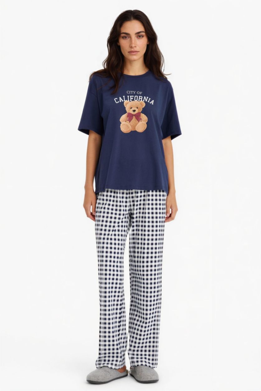 WOMAN NAVY Fall in Love Regular Fit Teddy Bear Print Top Bottoms 2 Piece Pajama Set
