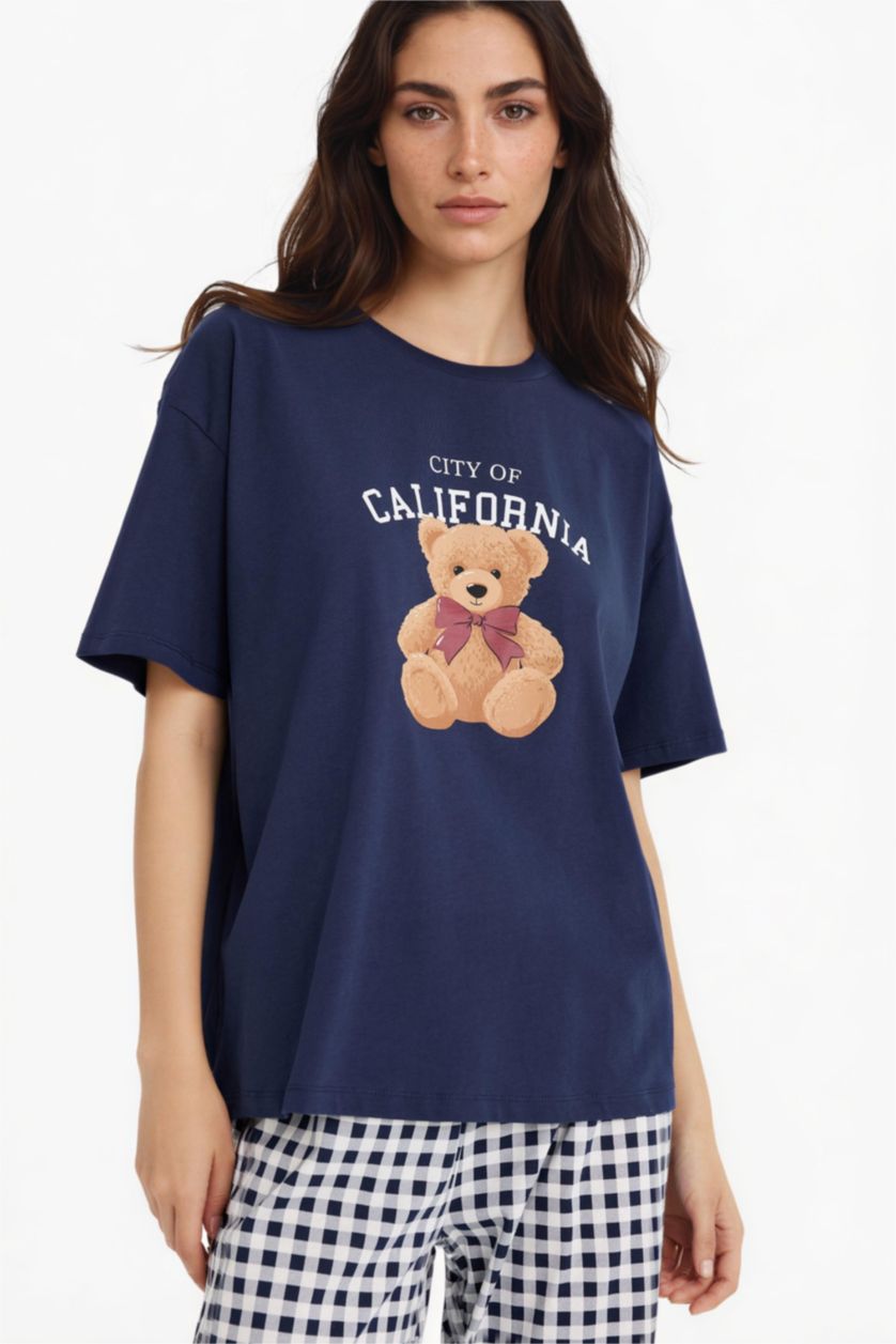 WOMAN NAVY Fall in Love Regular Fit Teddy Bear Print Top Bottoms 2 Piece Pajama Set