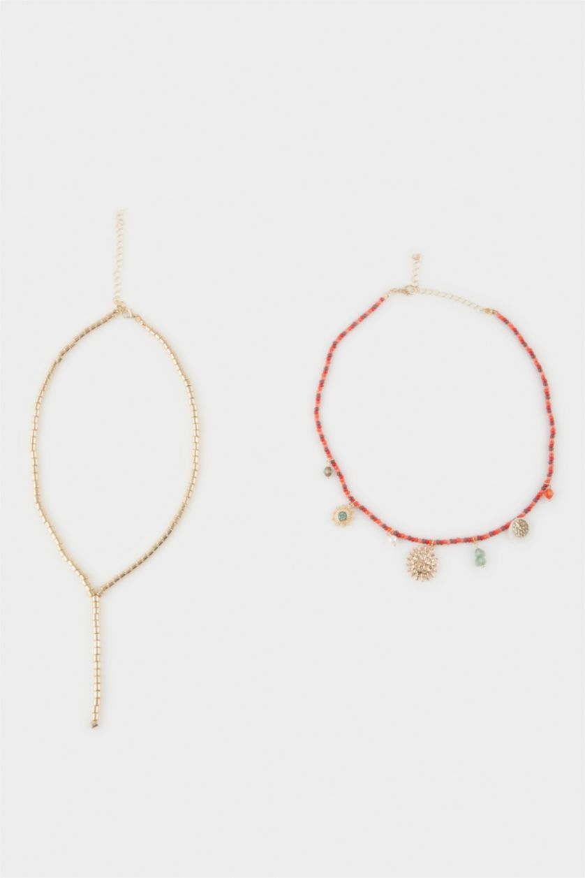 Kadın Altın Kadın 2'li Kırmızı Boncuklu Kolye