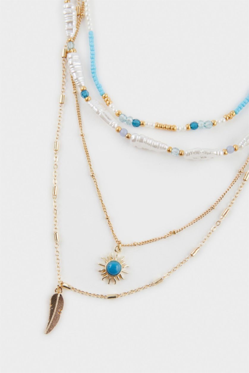 Женщины Разноцветный Женское Четверное Золотое Колье с Синими Камнями