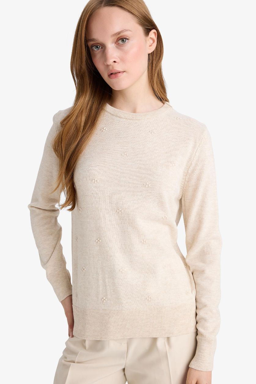 WOMAN Light Beige Melange Regular Fit Crew Neck Knitwear Pullover