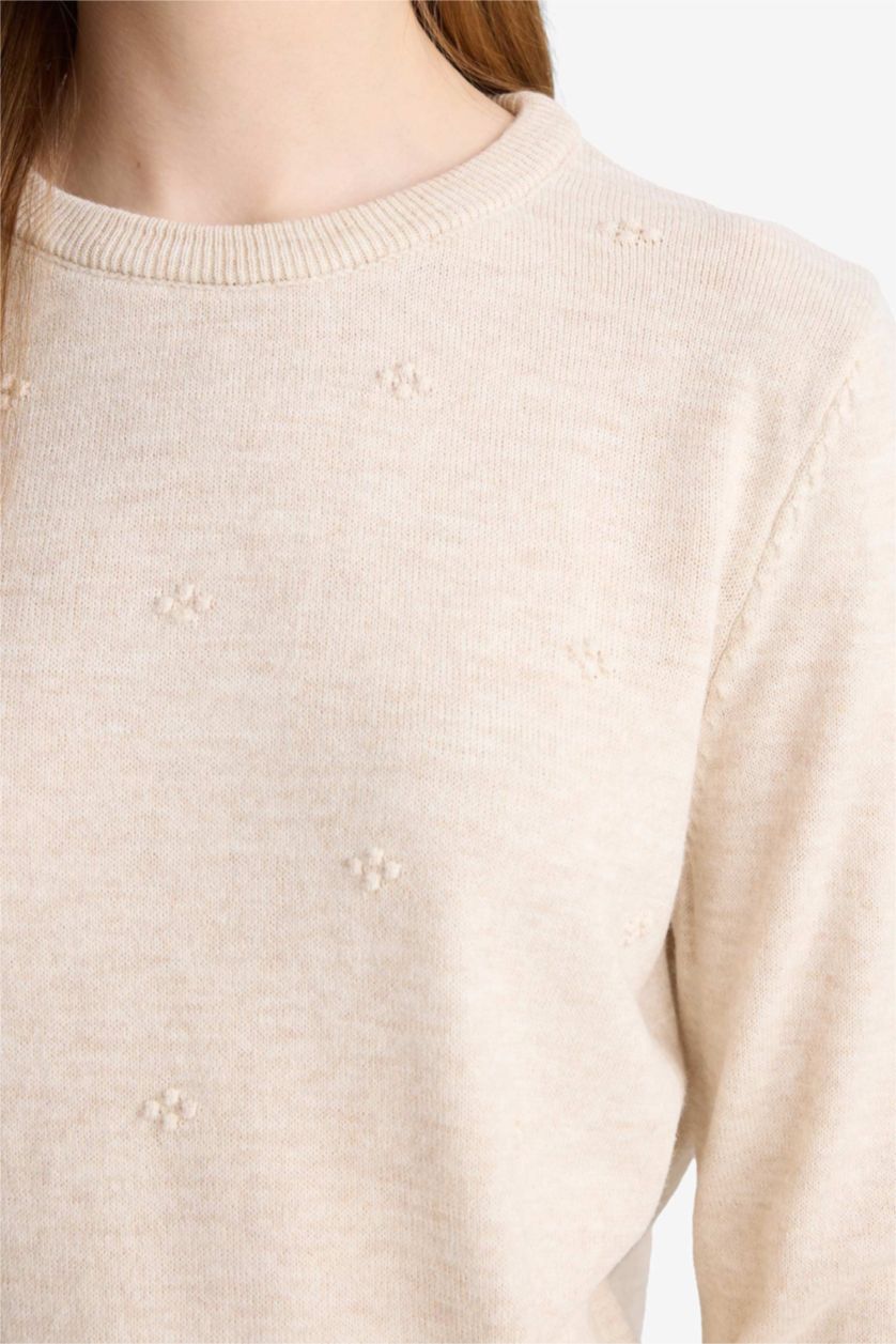 WOMAN Light Beige Melange Regular Fit Crew Neck Knitwear Pullover