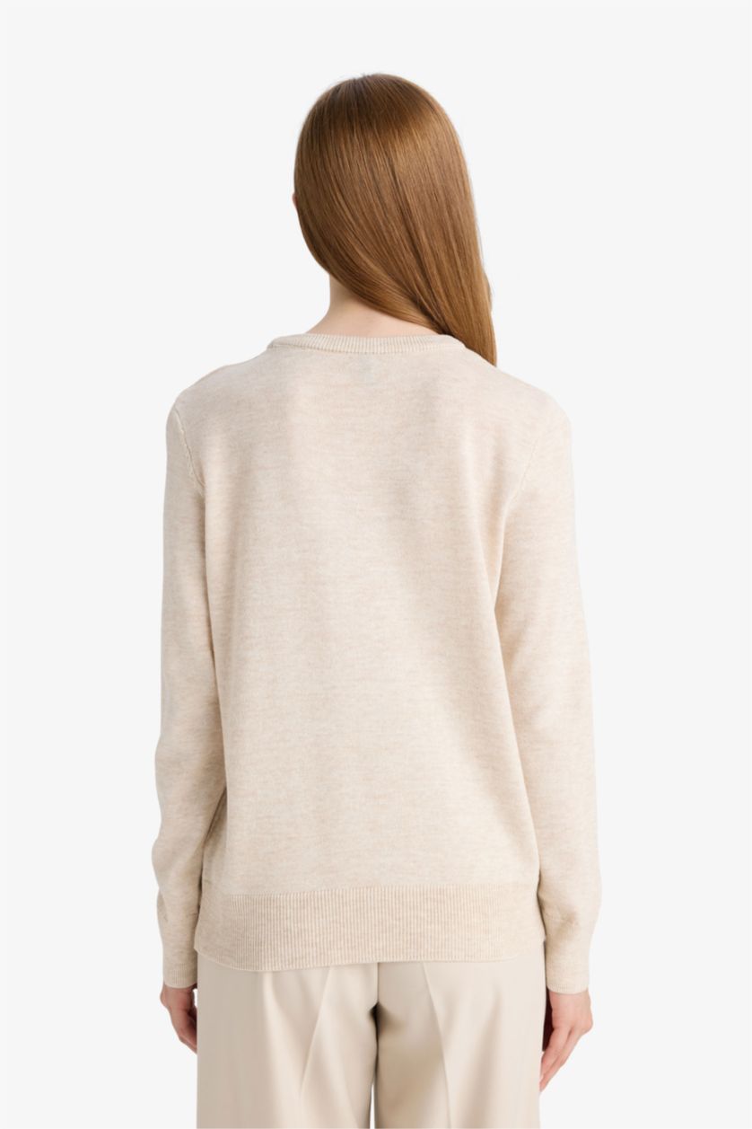 WOMAN Light Beige Melange Regular Fit Crew Neck Knitwear Pullover