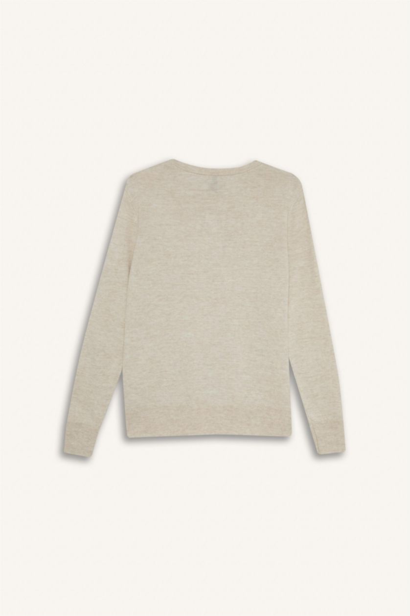 WOMAN Light Beige Melange Regular Fit Crew Neck Knitwear Pullover