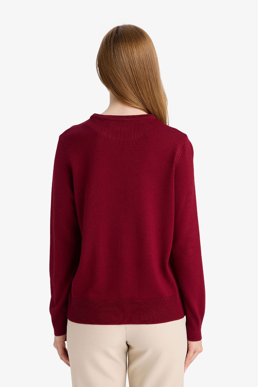 Kadın Bordo Regular Fıt Bisiklet Yaka Triko Kazak