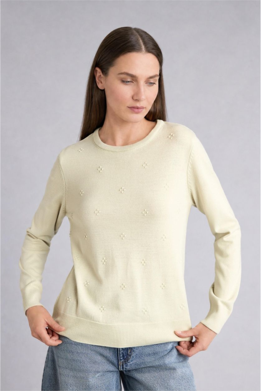 WOMAN Light Green Regular Fit Crew Neck Light Green Knit Pullover