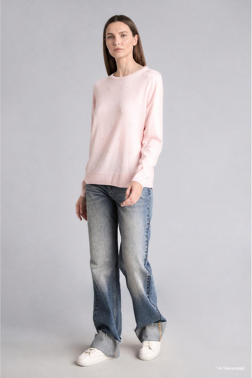Women Pink Regular Fit Basic Knitted Crew Neck Sweater