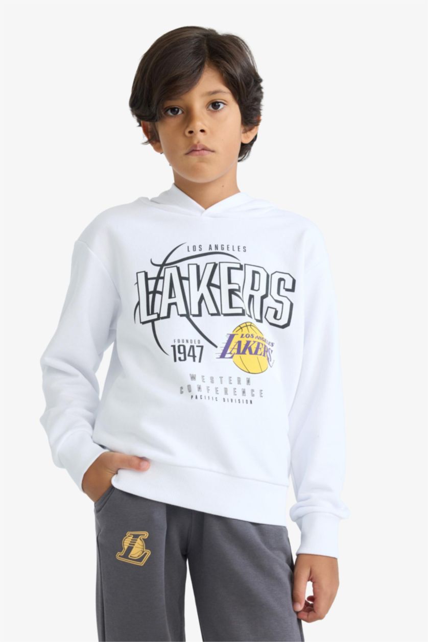 Erkek Çocuk - Genç Erkek Beyaz NBA Los Angeles Lakers Kapüşonlu Sweatshirt Erkek Çocuk