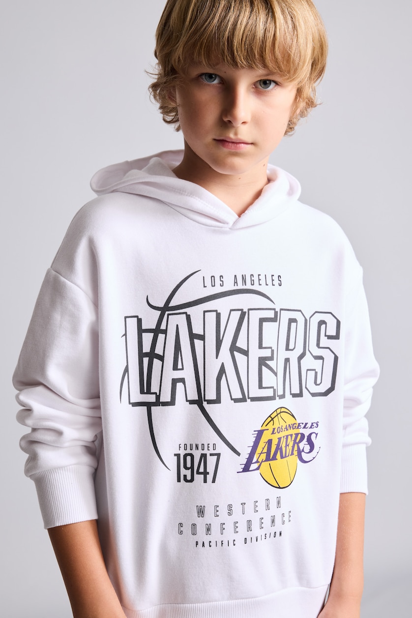 Erkek Çocuk - Genç Erkek Beyaz NBA Lakers Baskılı Kapüşonlu Sweatshirt