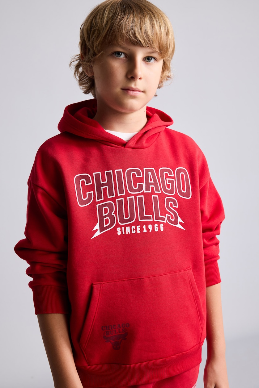 Erkek Çocuk - Genç Erkek Kırmızı NBA Baskılı Kapüşonlu Sweatshirt Erkek Çocuk