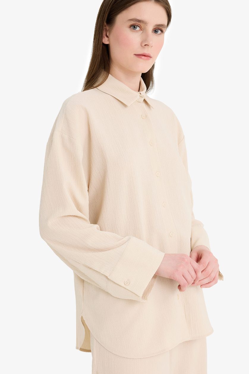 Kadın Bej Relax Fit 2'li Takım Gofre Dokulu Uzun Kollu Gömlek Pantolon