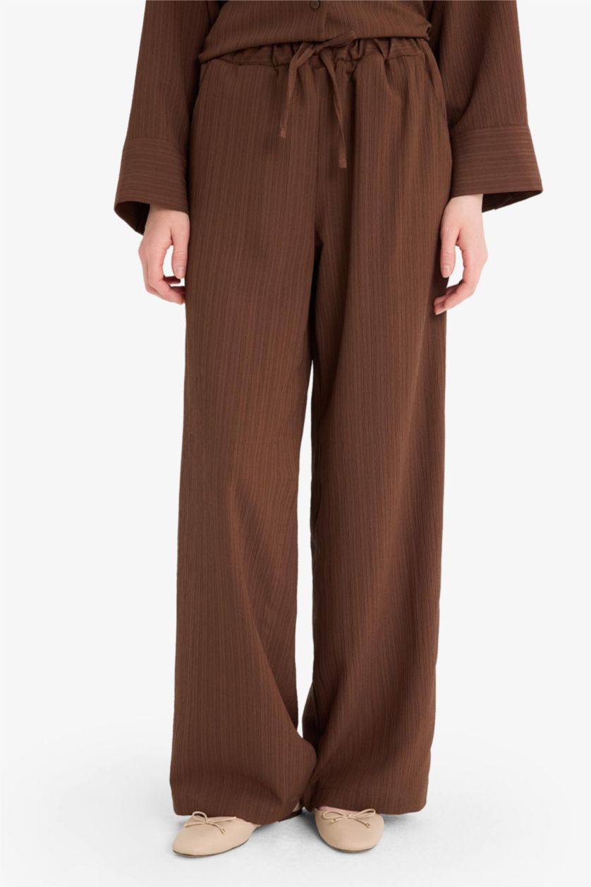 Kadın Kahve Relax Fit 2'li Takım Gofre Dokulu Uzun Kollu Gömlek Pantolon