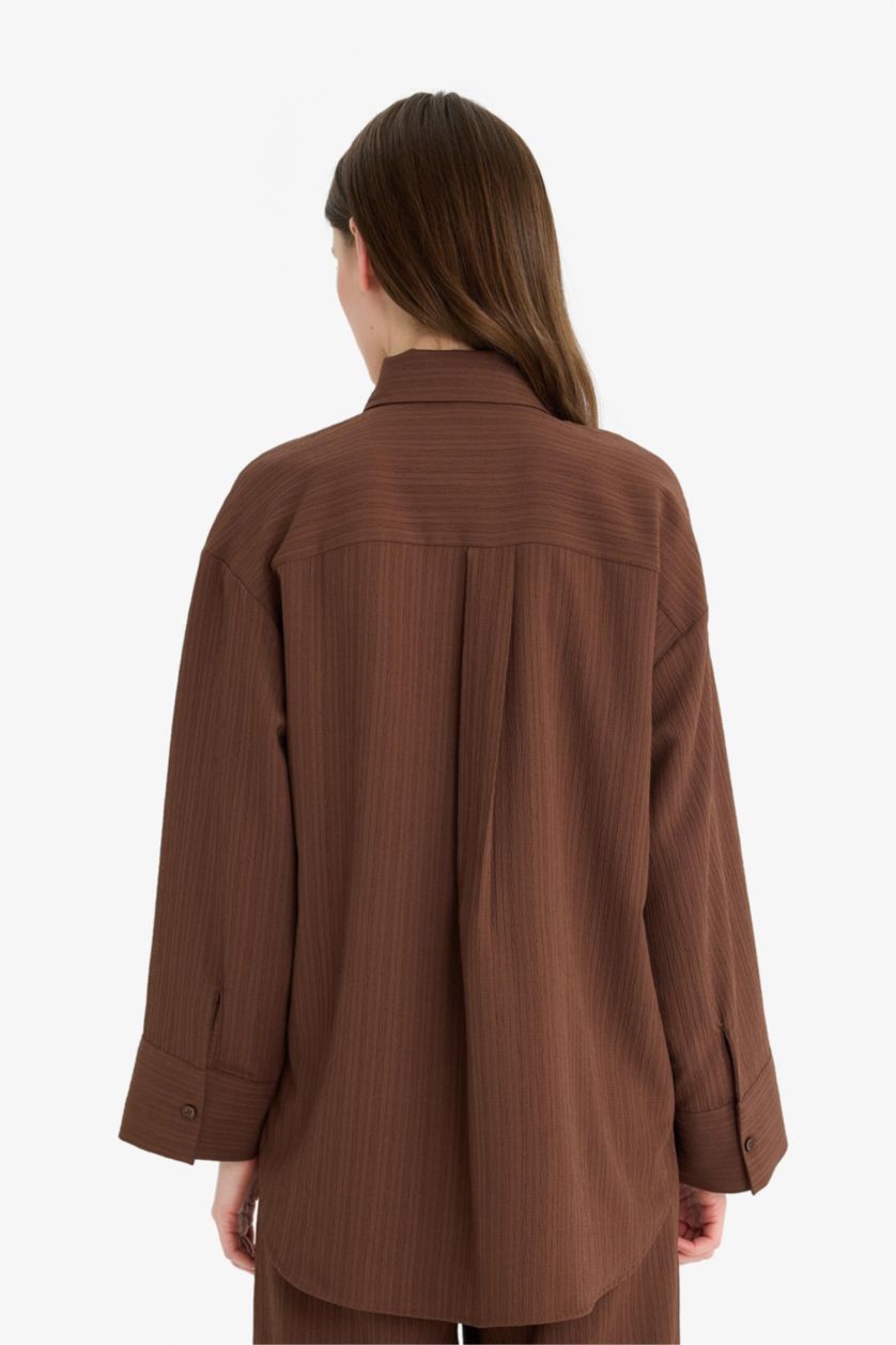 Kadın Kahve Relax Fit 2'li Takım Gofre Dokulu Uzun Kollu Gömlek Pantolon