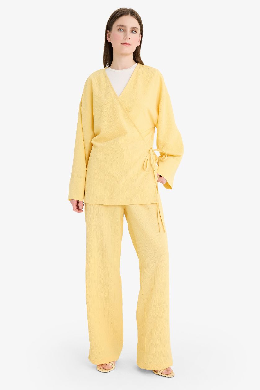 Kadın Sarı Relax Fit 2'li Takım Gofre Dokulu Uzun Kollu Kimono Pantolon