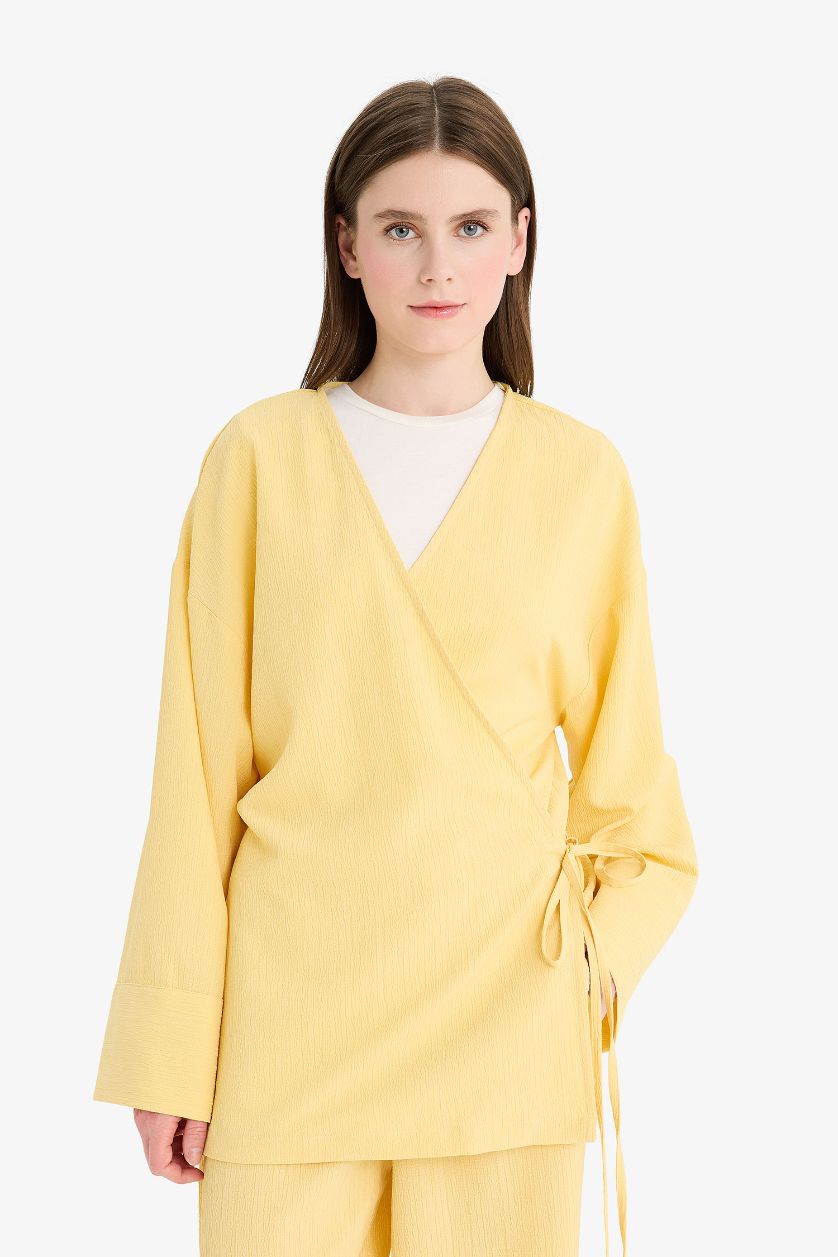 Kadın Sarı Relax Fit 2'li Takım Gofre Dokulu Uzun Kollu Kimono Pantolon