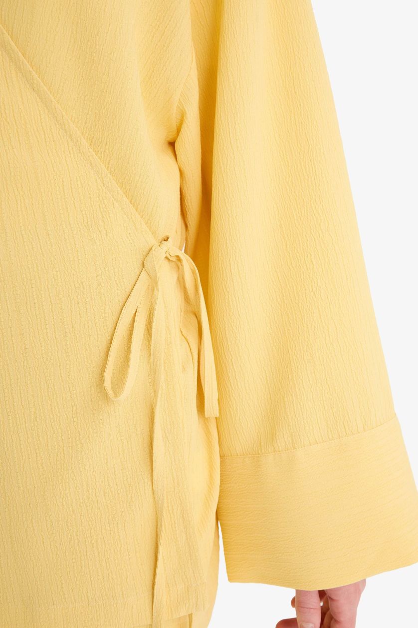 Kadın Sarı Relax Fit 2'li Takım Gofre Dokulu Uzun Kollu Kimono Pantolon