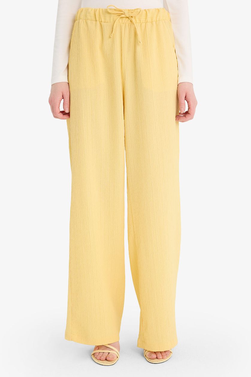 Kadın Sarı Relax Fit 2'li Takım Gofre Dokulu Uzun Kollu Kimono Pantolon