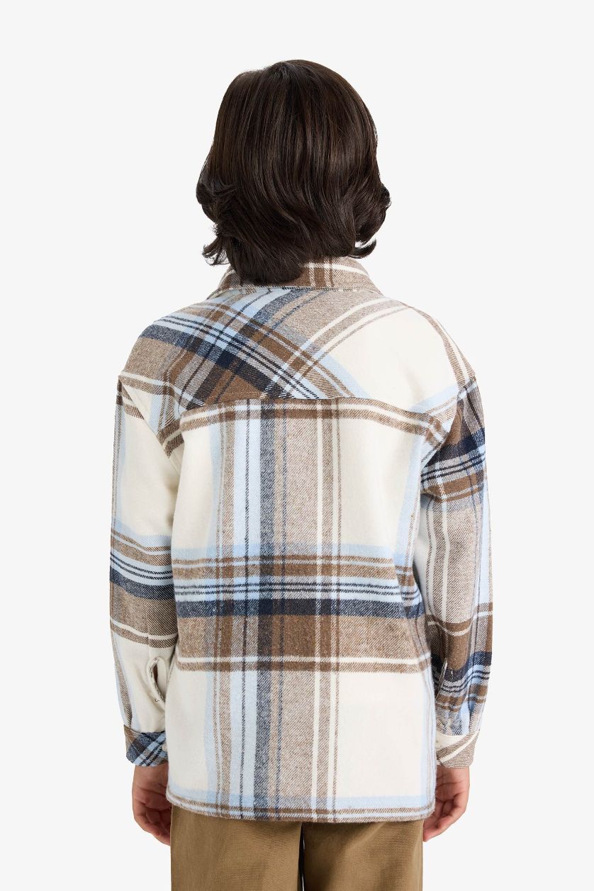 Erkek Çocuk - Genç Erkek Açık Kahve Oversıze Polo Yaka Flanel Uzun Kollu Gömlek Erkek Çocuk