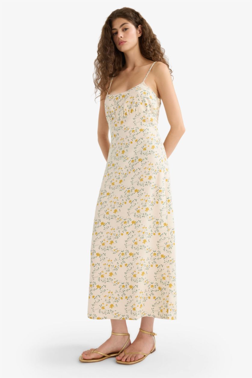 Woman Yellow Floral Linen Blend Strappy Midi Dress