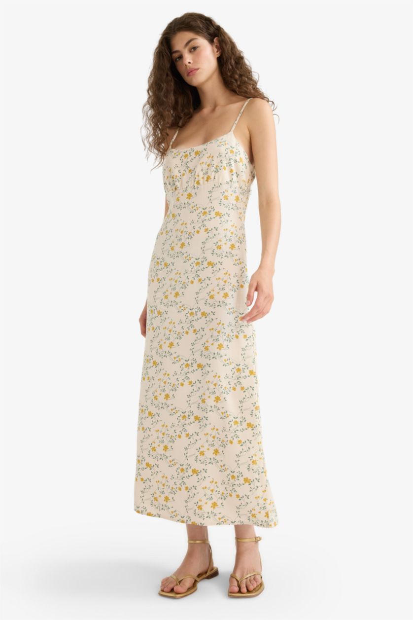 Woman Yellow Floral Linen Blend Strappy Midi Dress