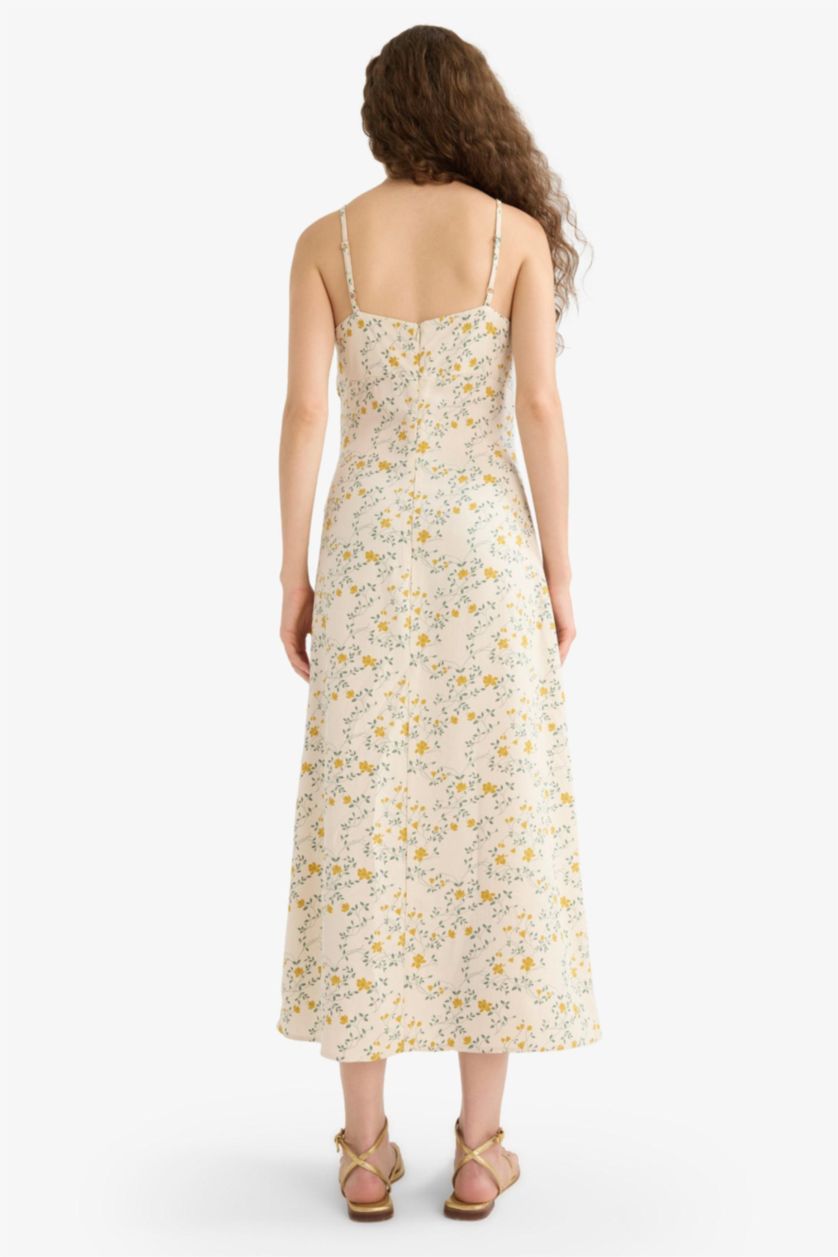 Woman Yellow Floral Linen Blend Strappy Midi Dress