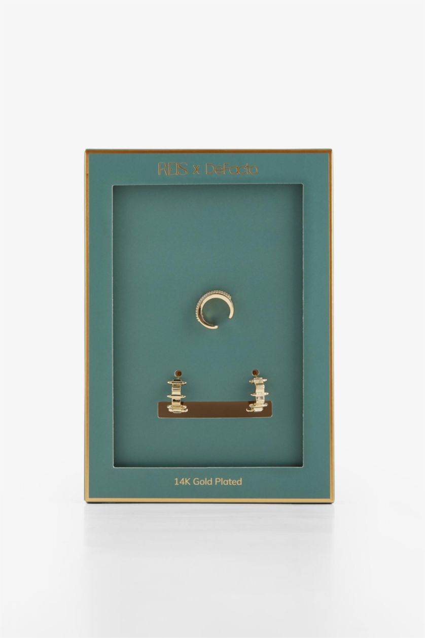 Kadın Altın Reis x DeFacto 14 Ayar Altın Kaplama Brilla Duo Kadın 2'li Gold Küpe ve Kıkırdak Küpesi