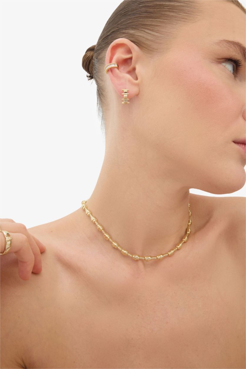 Kadın Altın Reis x DeFacto 14 Ayar Altın Kaplama Brilla Duo Kadın 2'li Gold Küpe ve Kıkırdak Küpesi