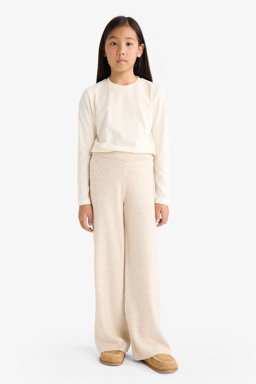 Kız Çocuk - Genç Kız Ekru Beli Lastikli Wide Leg Triko Pantolon Kız Çocuk