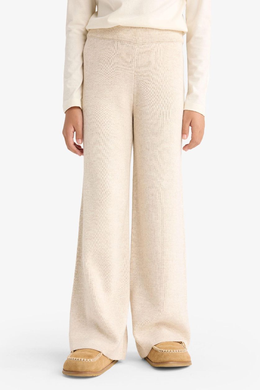 Kız Çocuk - Genç Kız Ekru Beli Lastikli Wide Leg Triko Pantolon Kız Çocuk