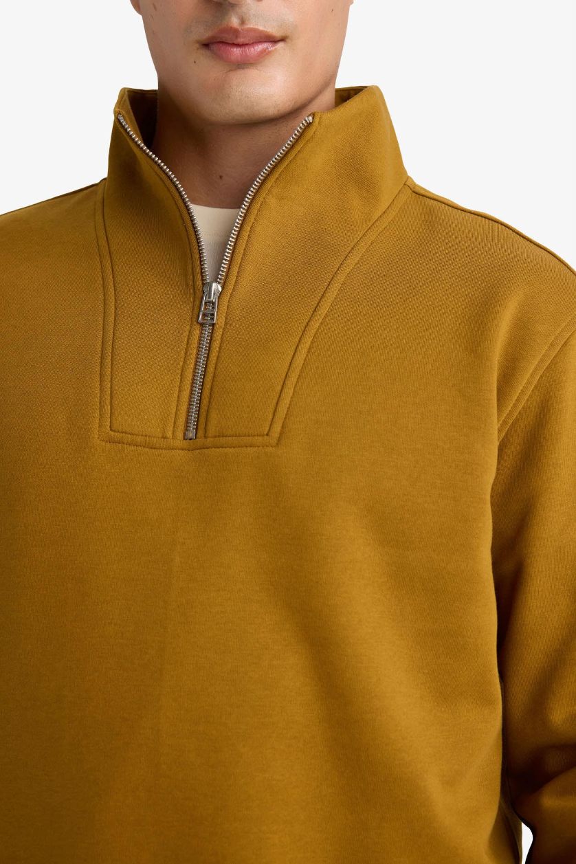 Erkek Açık Kahve Regular Fit Yarım Balıkçı Yaka Fermuarlı Kalın Sweatshirt